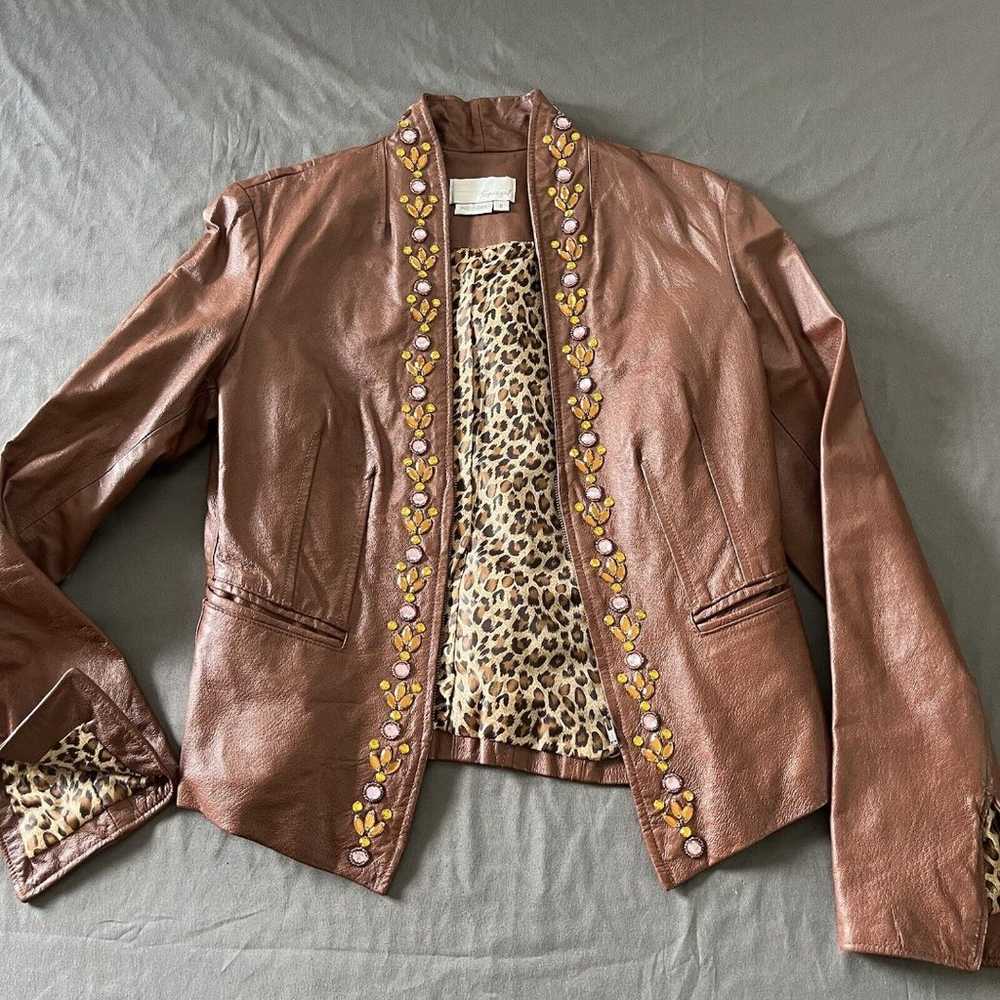 Vintage SPIEGEL Brown Leather Moto Jacket Jewel R… - image 2