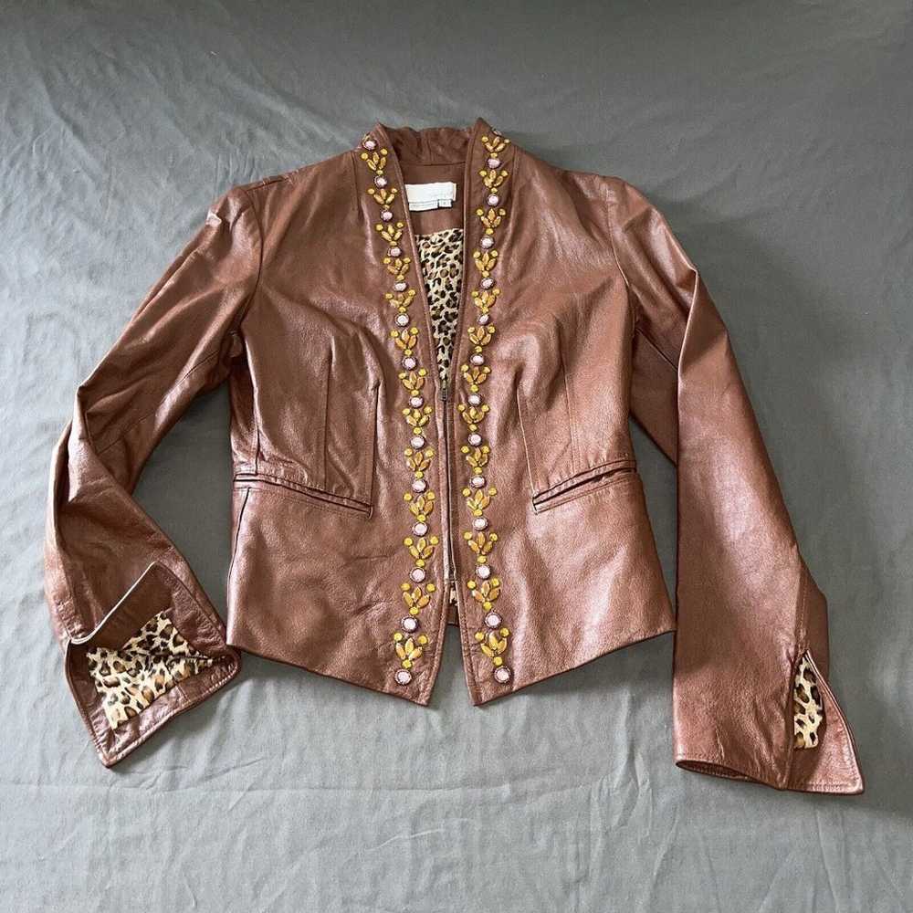 Vintage SPIEGEL Brown Leather Moto Jacket Jewel R… - image 6