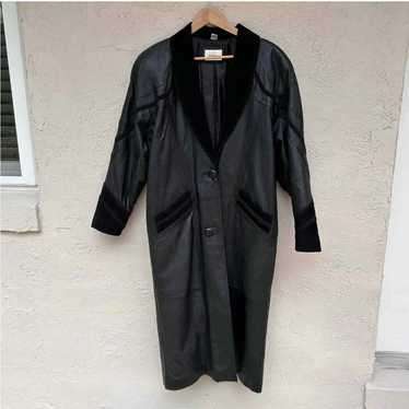 Vintage Leather Suede Long Black Coat Womens Medi… - image 1