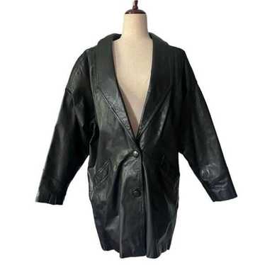 Vintage Leather Trench Jacket Puff Sleeve Button … - image 1