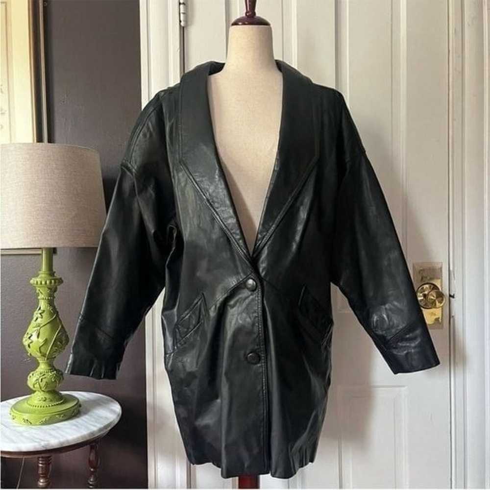 Vintage Leather Trench Jacket Puff Sleeve Button … - image 2