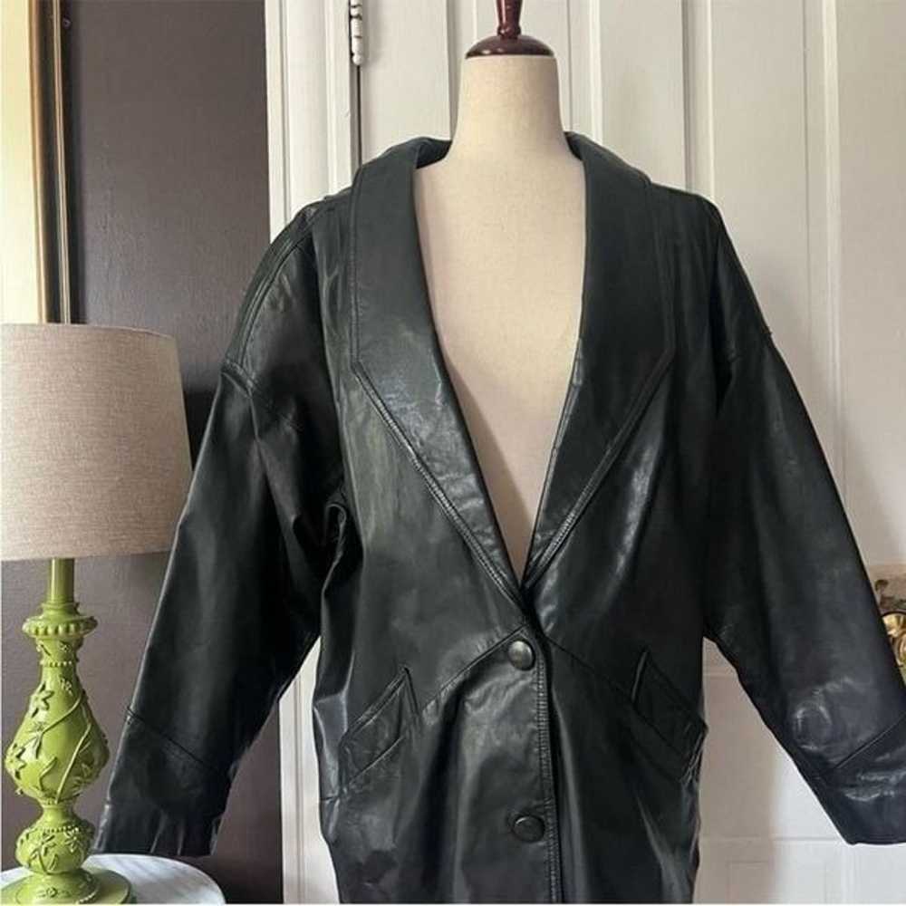 Vintage Leather Trench Jacket Puff Sleeve Button … - image 3