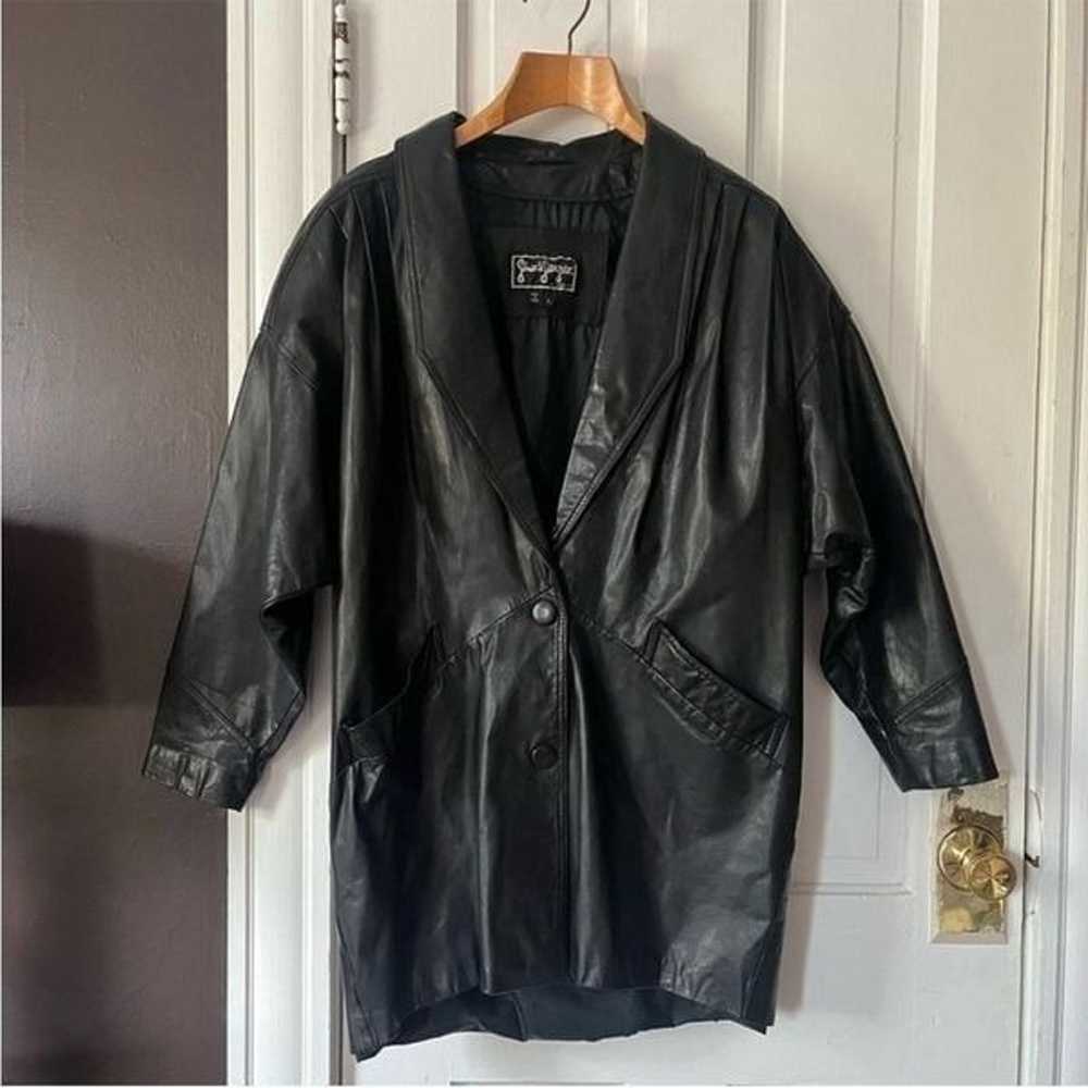 Vintage Leather Trench Jacket Puff Sleeve Button … - image 4