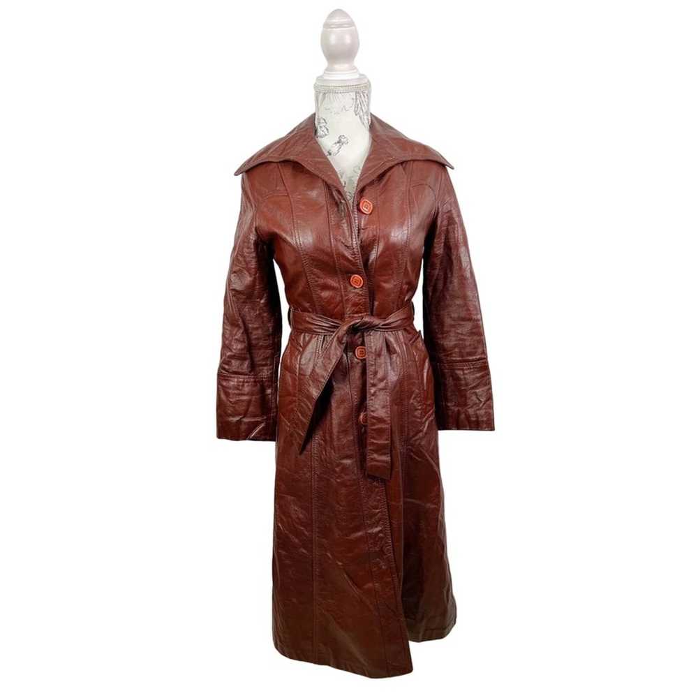Vintage 70s Reddish Brown Leather Belted Trench C… - image 1