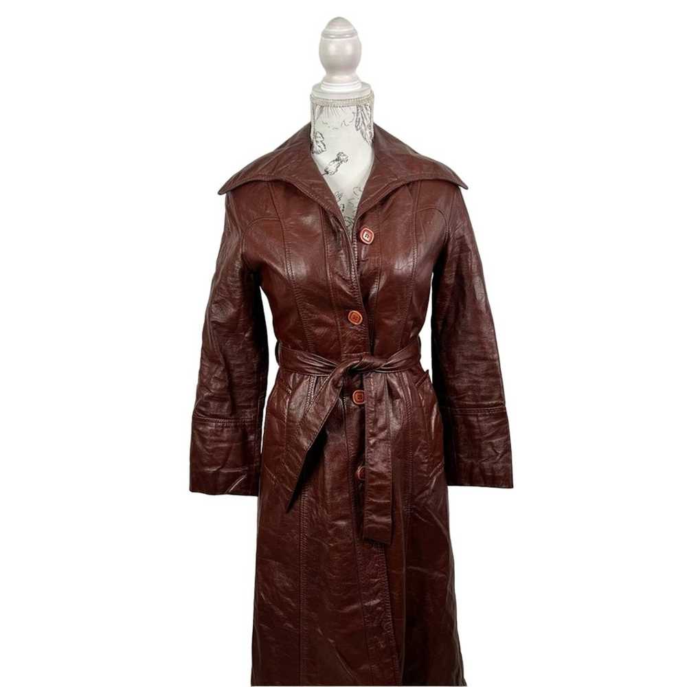 Vintage 70s Reddish Brown Leather Belted Trench C… - image 3