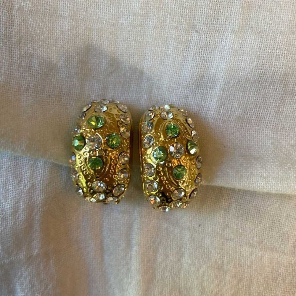 Gold Tone Vintage Clip on Earrings with Green & C… - image 1