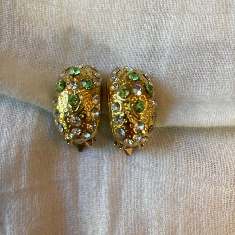 Gold Tone Vintage Clip on Earrings with Green & C… - image 2