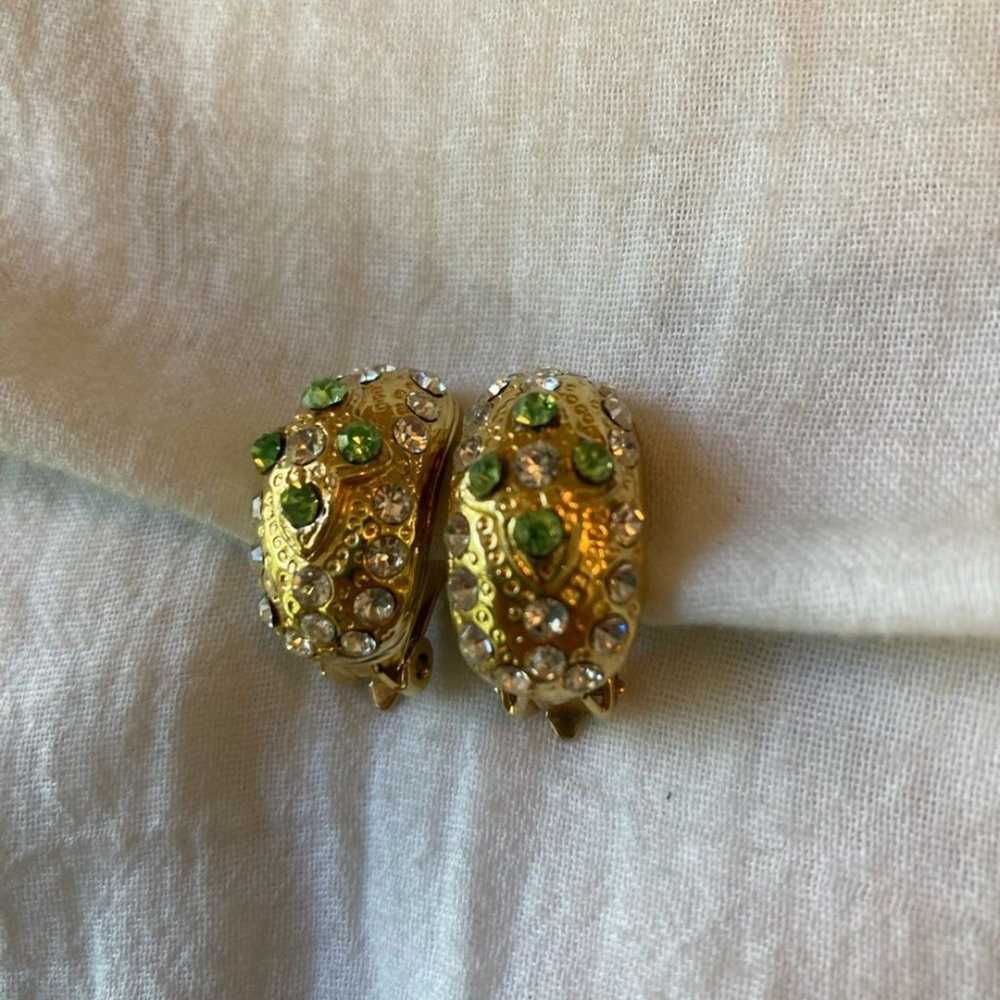 Gold Tone Vintage Clip on Earrings with Green & C… - image 4