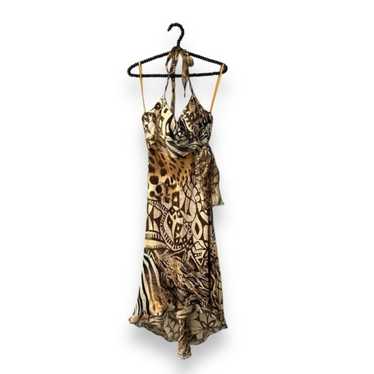 Y2K Cache Halter Dress Animal Print Metallic Silk… - image 1