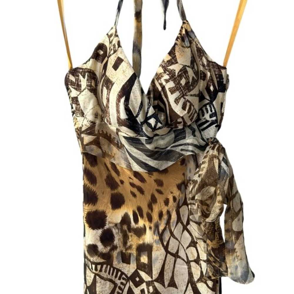 Y2K Cache Halter Dress Animal Print Metallic Silk… - image 2