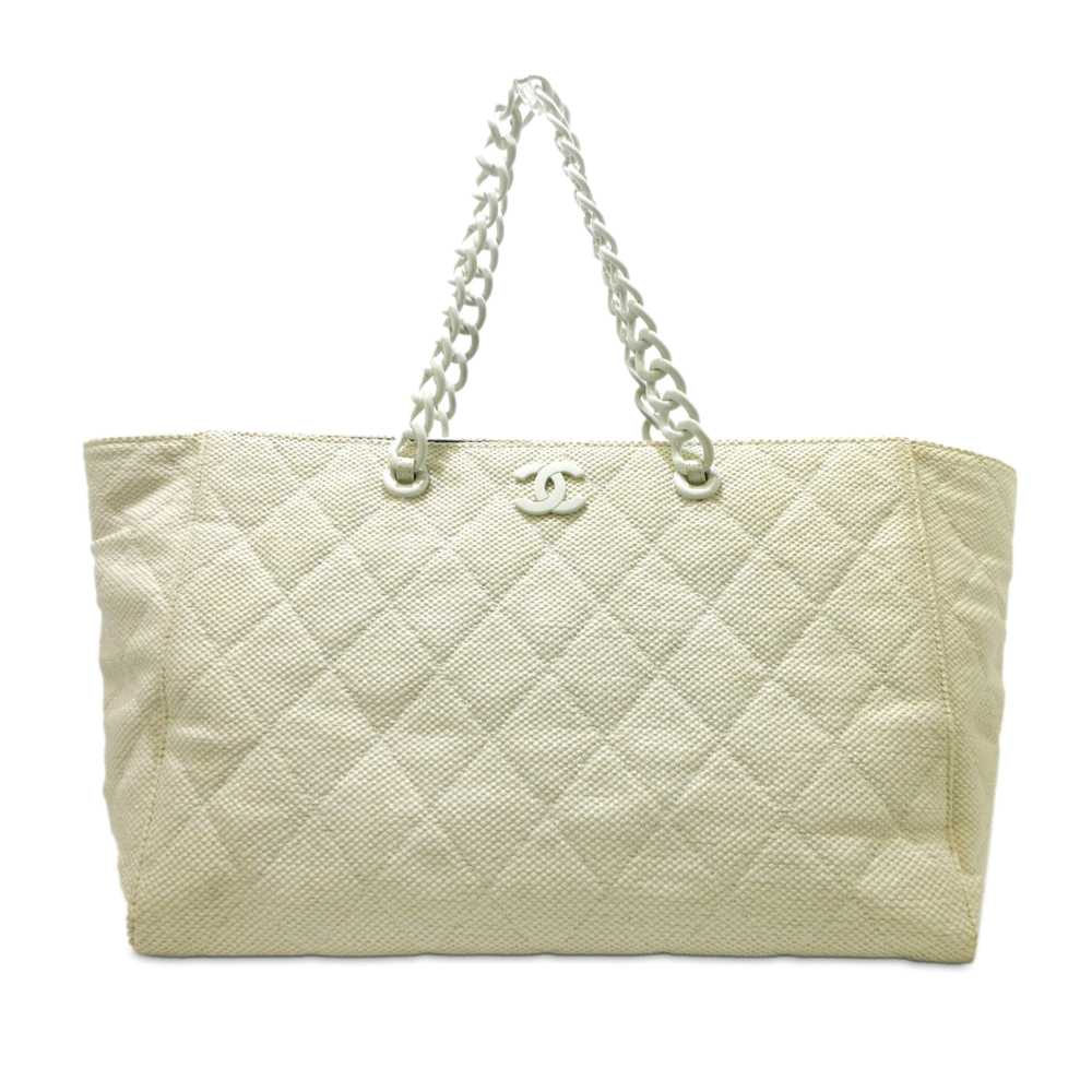 White Chanel CC Quilted Straw Tote - image 1