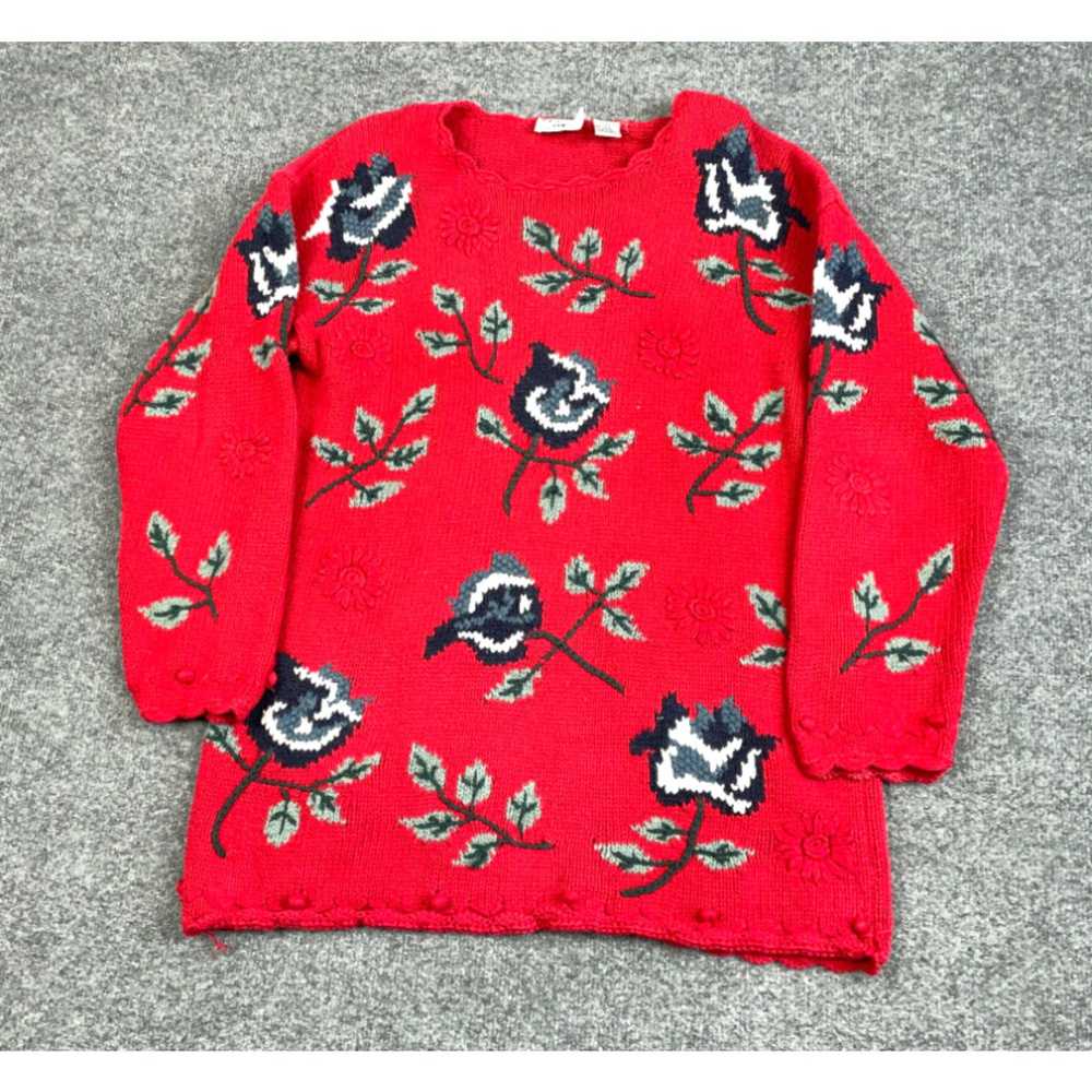 Vintage VTG Red Floral Hand Knit Chunky Sweater W… - image 1