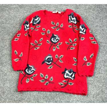 Vintage VTG Red Floral Hand Knit Chunky Sweater W… - image 1