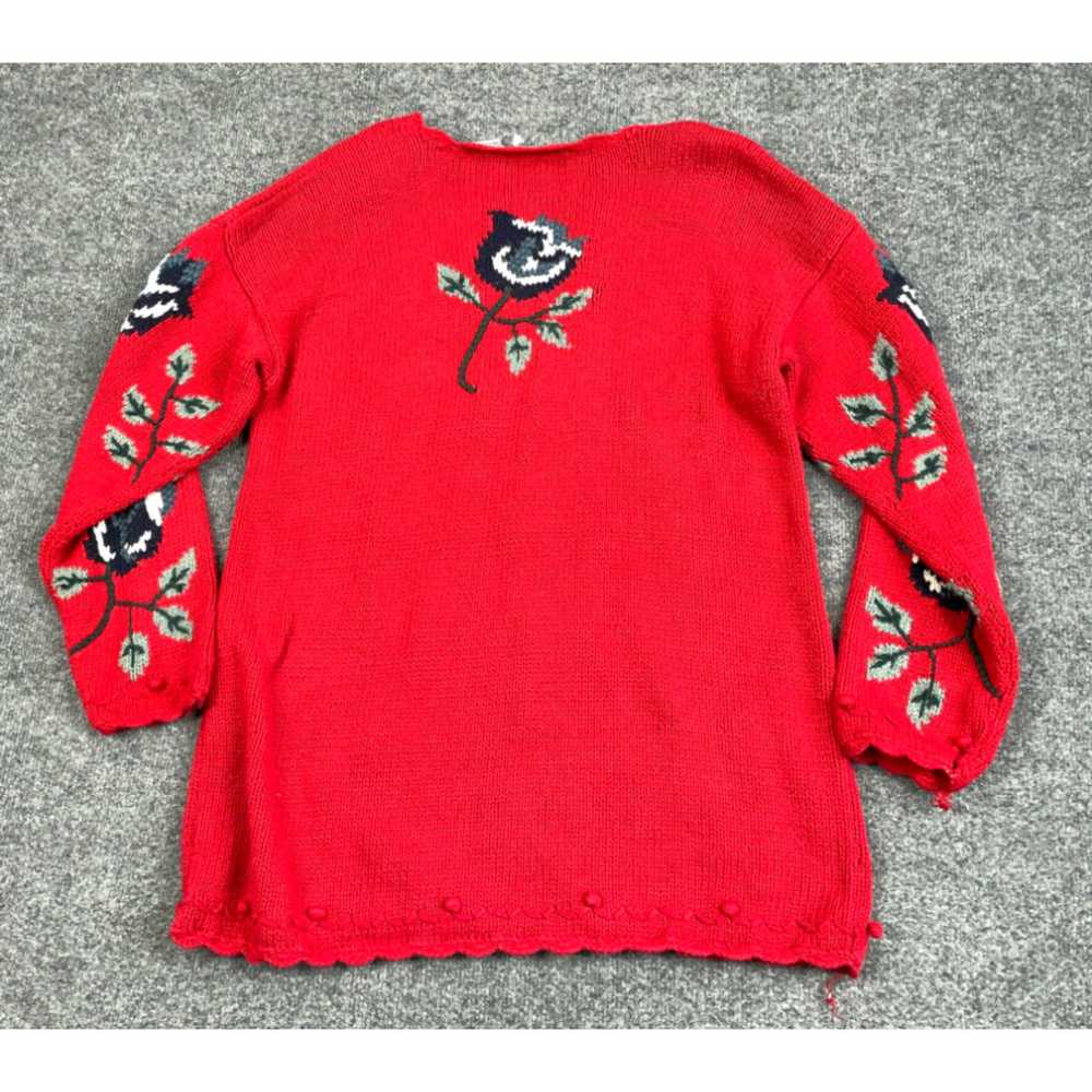 Vintage VTG Red Floral Hand Knit Chunky Sweater W… - image 2