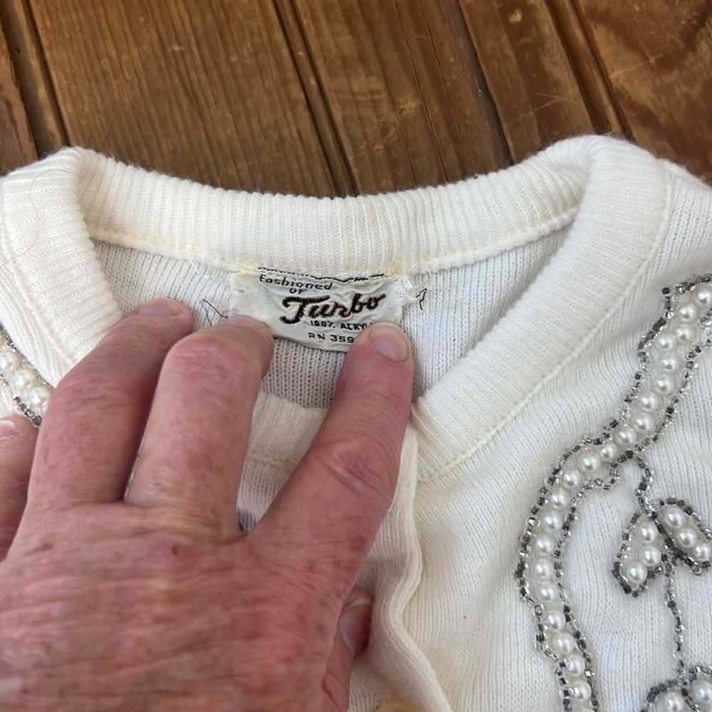 Vintage 1950’s white acrylic cardigan sweater wit… - image 3