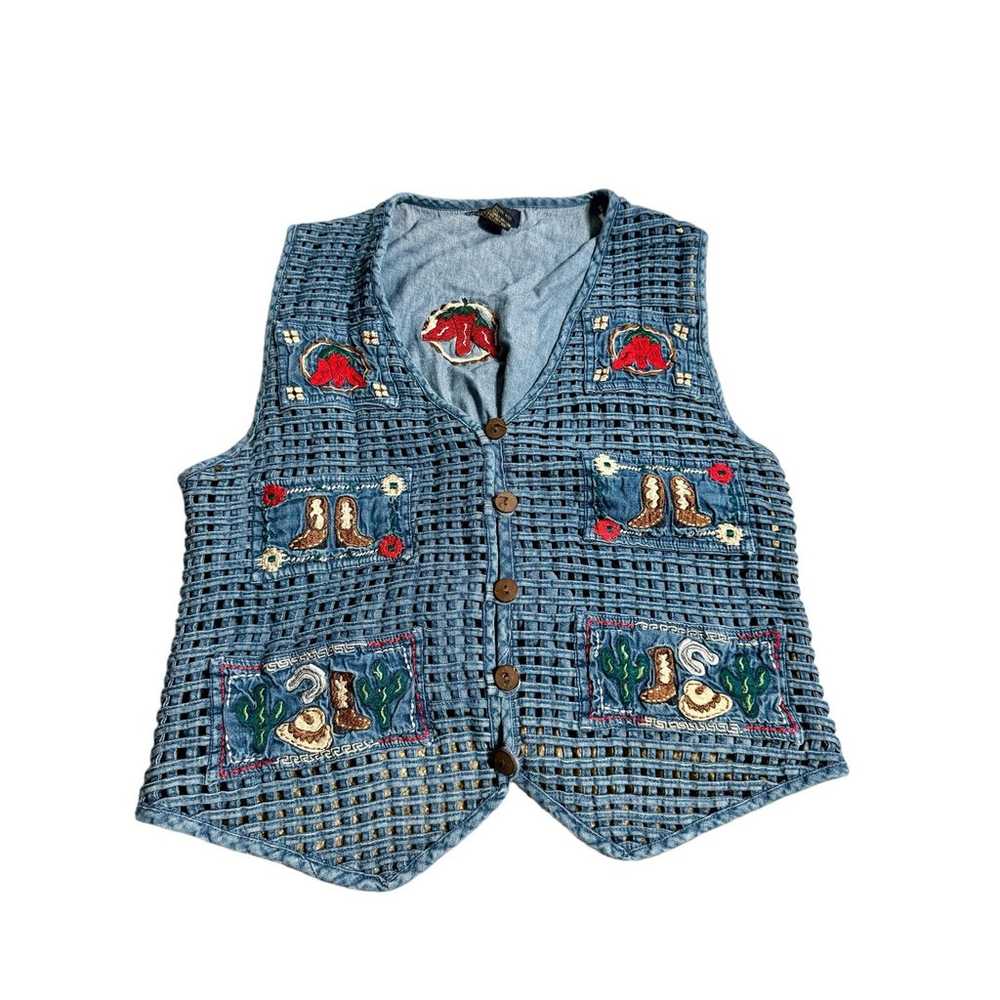 Vintage Denim Western Cowboy Embroidered Vest Lar… - image 1