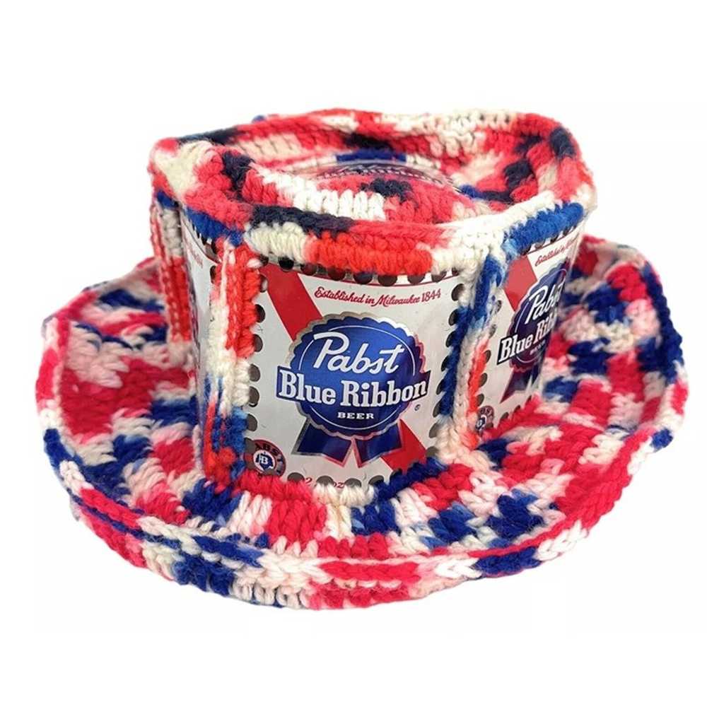 Vintage Pabst Blue Ribbon Crocheted Beer Can Hat-… - image 1
