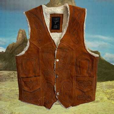 Vintage 1975 Western Tan Suede Engraved Vest with… - image 1