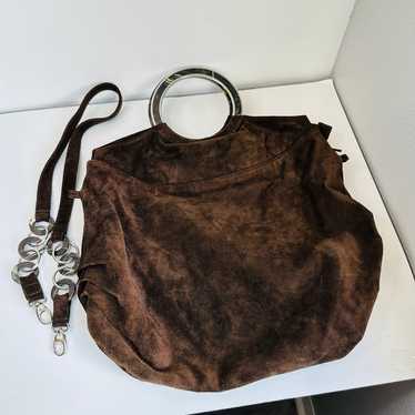 Almala Brown Suede Acrylic Circle Handle Hobo Bag… - image 1