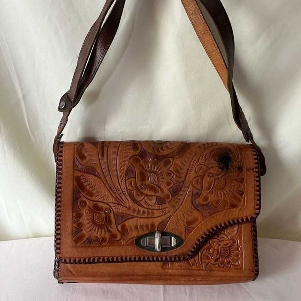 Vintage Western Tooled Leather Shoulder Bag Purse… - image 1