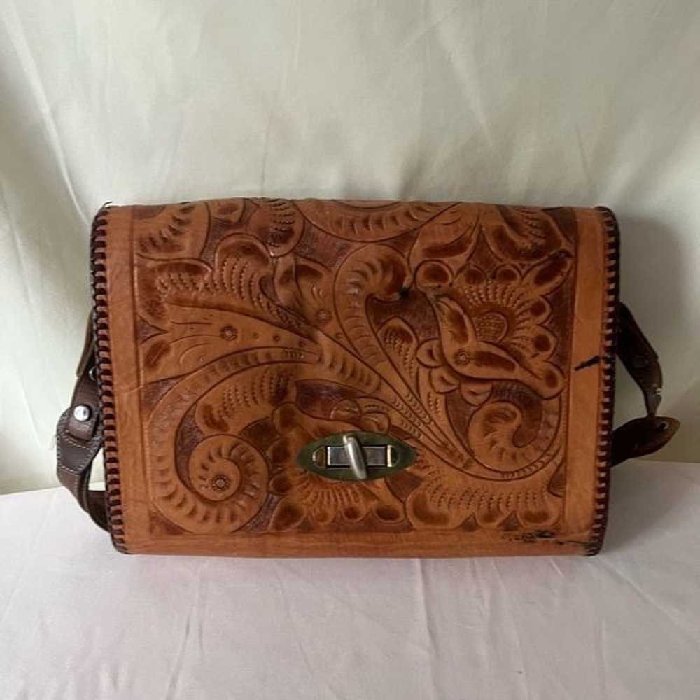 Vintage Western Tooled Leather Shoulder Bag Purse… - image 2