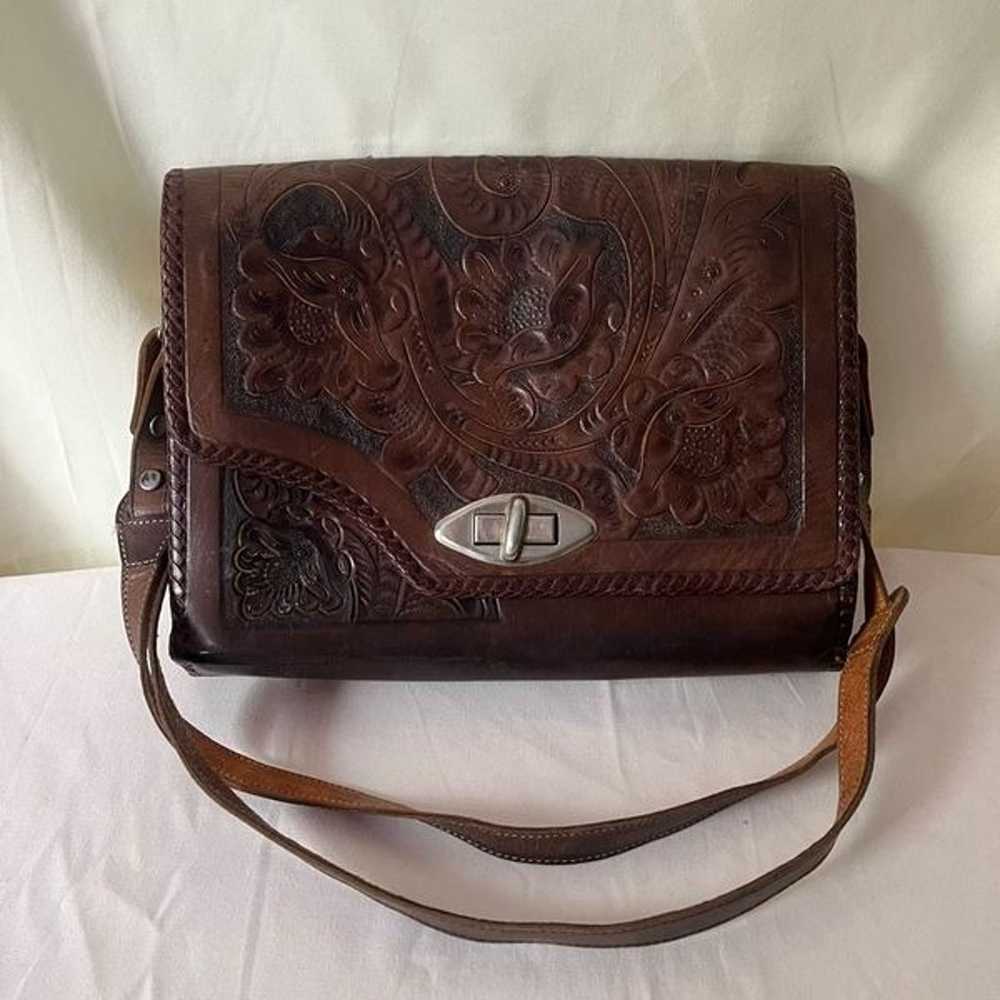 Vintage Western Tooled Leather Shoulder Bag Purse… - image 7