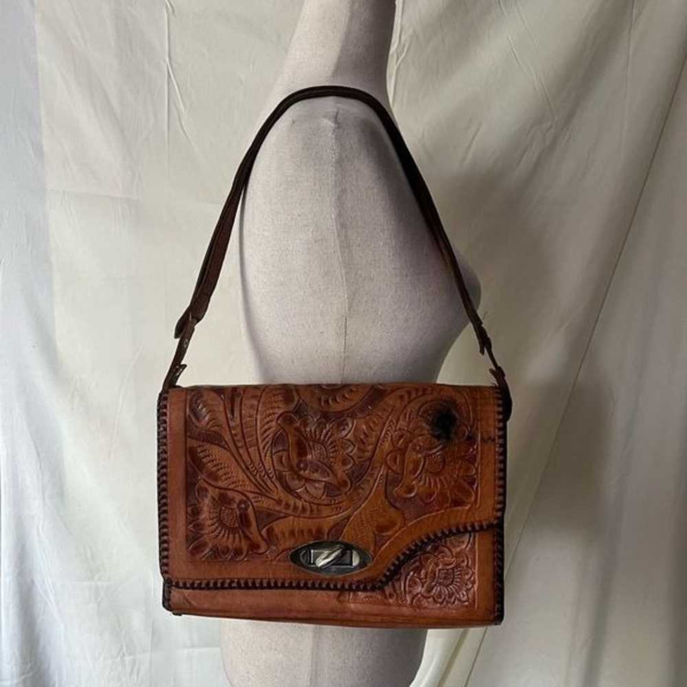 Vintage Western Tooled Leather Shoulder Bag Purse… - image 8