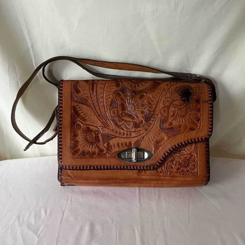 Vintage Western Tooled Leather Shoulder Bag Purse… - image 9