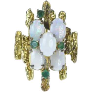 14K Opal Emerald Layered Cluster Cocktail Ring Siz