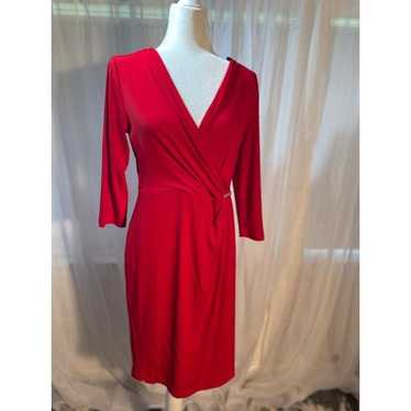 Calvin Klein Size 10 Red Faux Wrap Dress 3/4 Slee… - image 1