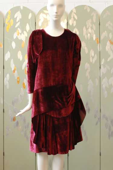 Antique 1920s Burgundy Velvet Dress with Bow and R