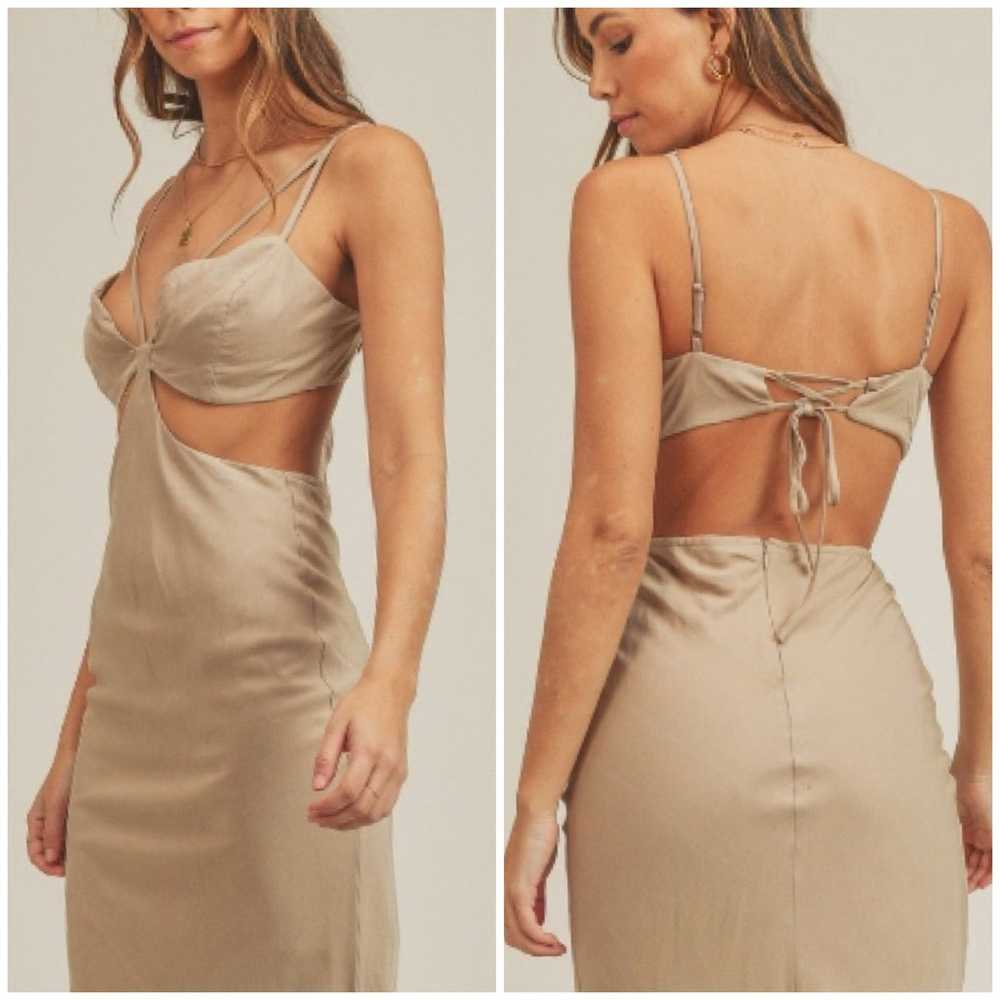 Mable Tan Cut Out Linen Maxi Dress Size L NWOT - image 4