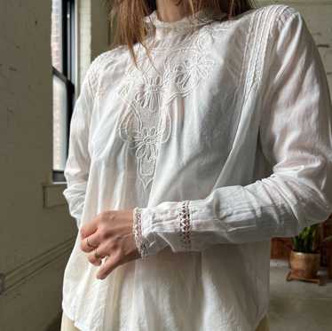 Antique Cotton Blouse w/Floral Embroidery, Small - image 1
