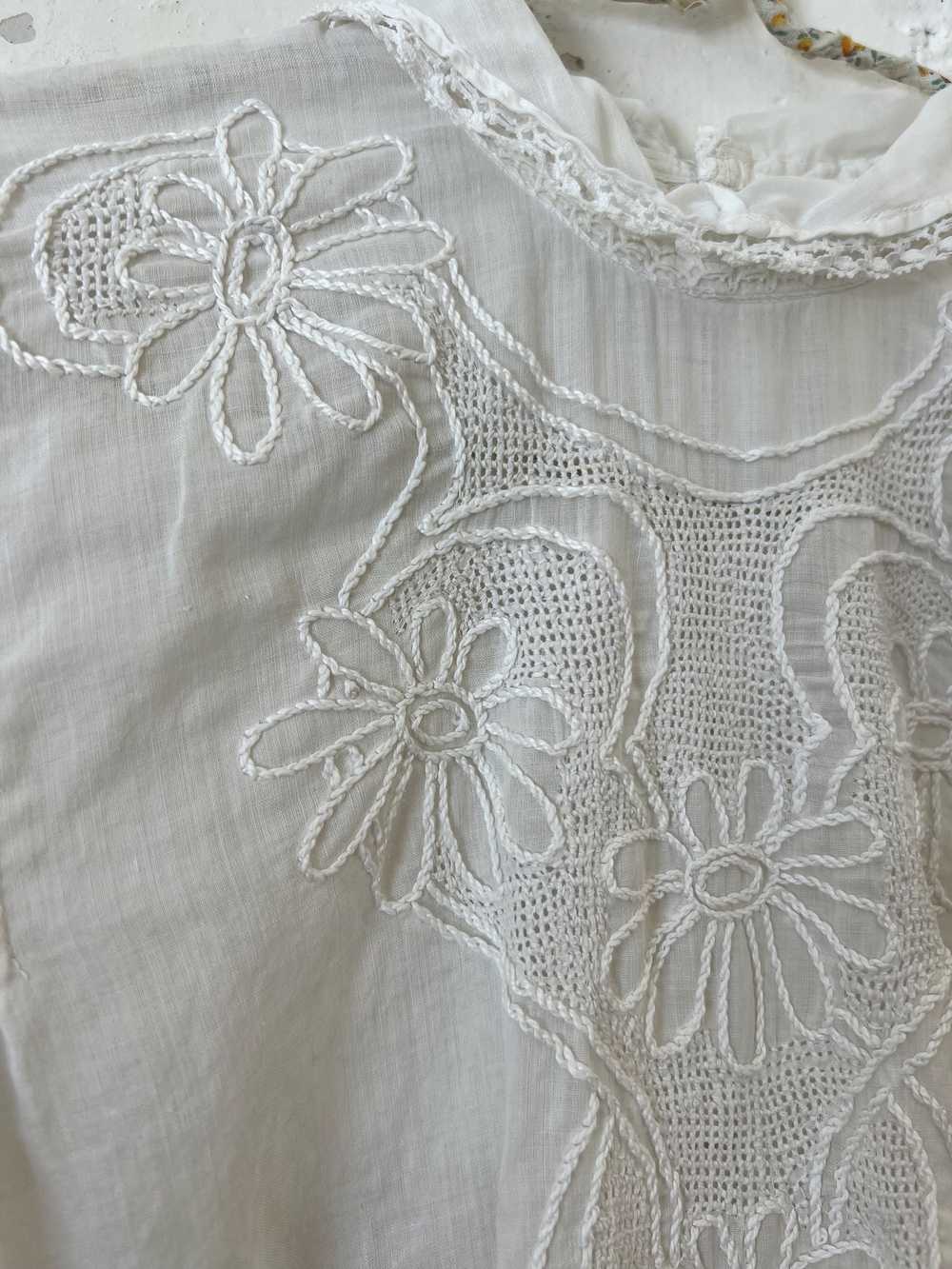 Antique Cotton Blouse w/Floral Embroidery, Small - image 4