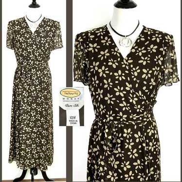 Talbots Pure Silk Brown Tan Floral V-Neck Faux Wr… - image 1