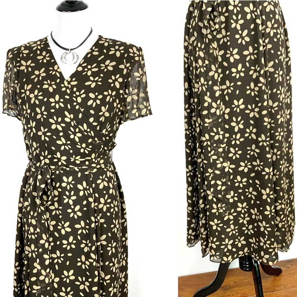 Talbots Pure Silk Brown Tan Floral V-Neck Faux Wr… - image 3