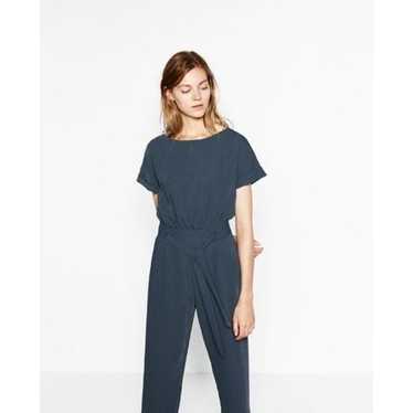 ZARA Tie Front Ankle Jumpsuit in Teal Sz Small - image 1