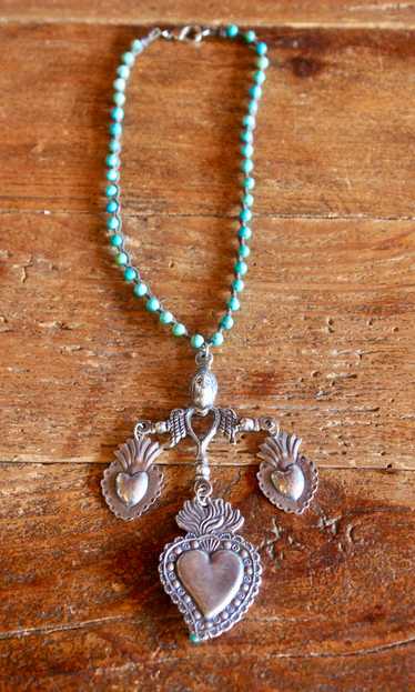 Turquoise and Silver Plated "Tres Sacred Hearts" N