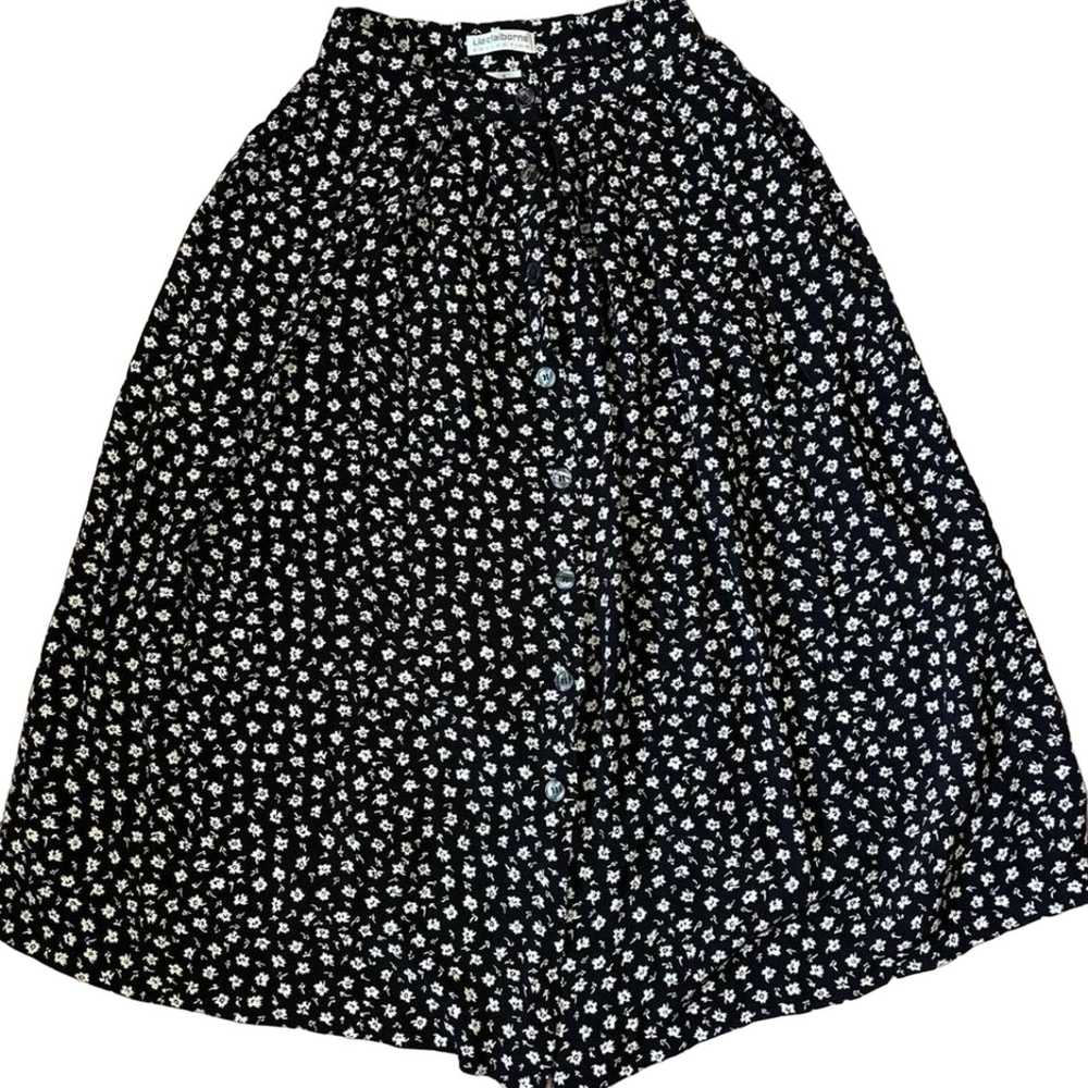 Claiborne Vintage Floral Rayon Midi Skirt Black a… - image 1