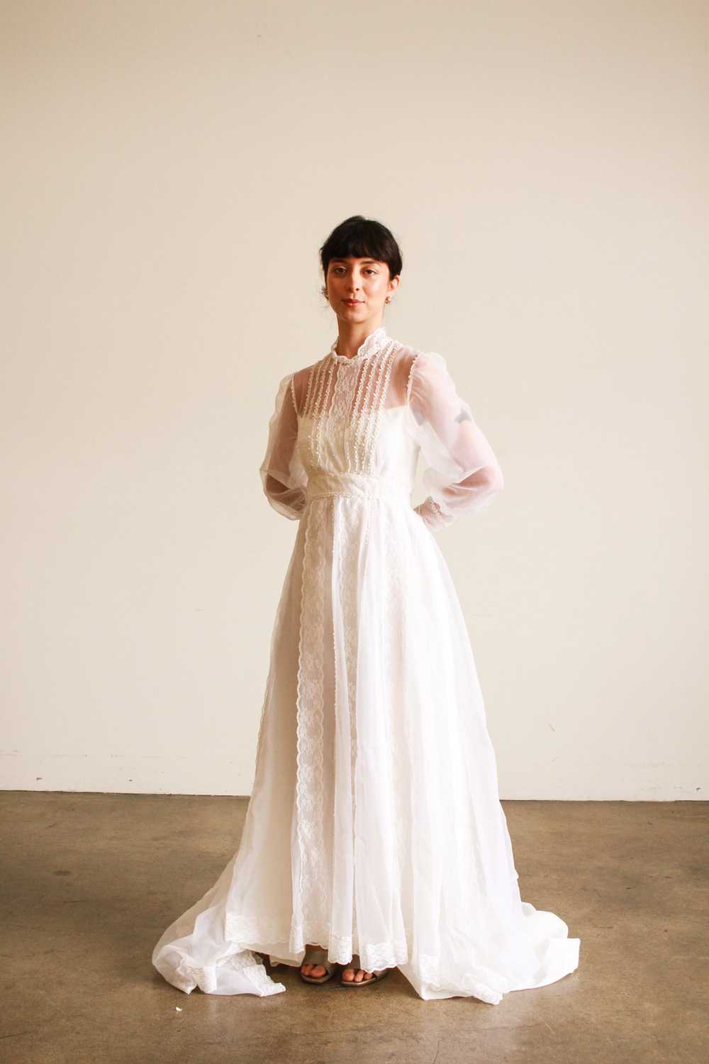 1960s White Balloon Sleeve Pleated Wedding Gown - image 1
