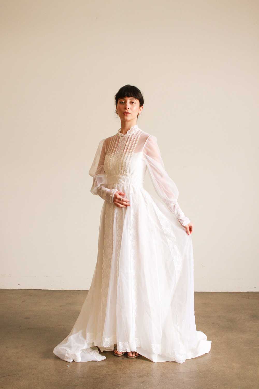 1960s White Balloon Sleeve Pleated Wedding Gown - image 6