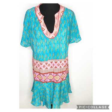 Tolani blue pink orange mixed print silk dress si… - image 1