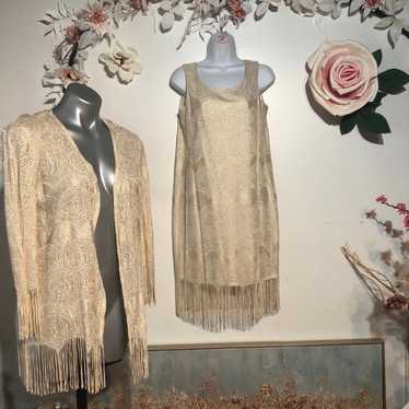 Vintage Fringe Dress Set Gold Creme - image 1