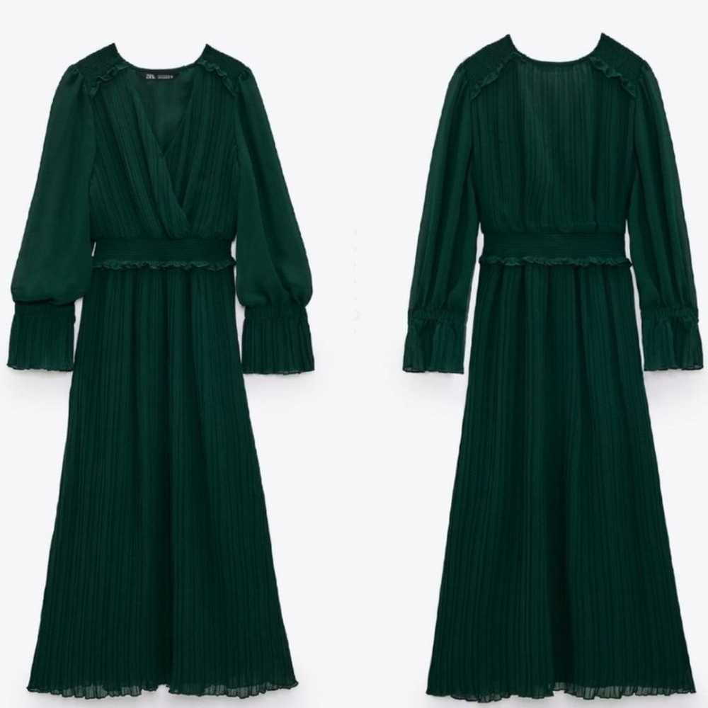 Zara hunter green CHIFFON PLEATED MIDI DRESS size… - image 12