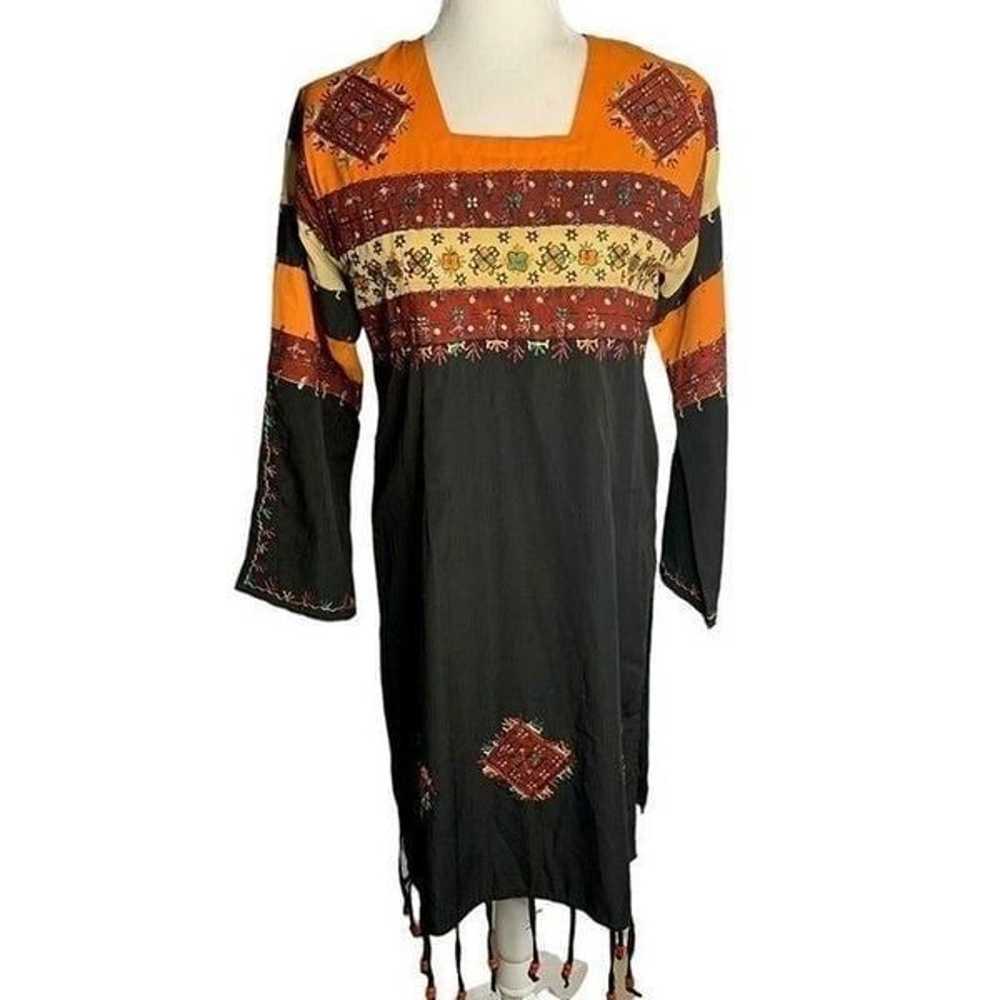 Handmade Embroidered Tunic Shift Dress S Black Be… - image 1
