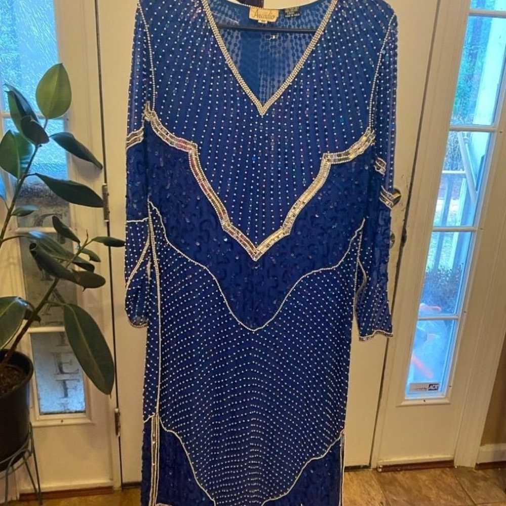 Arcadio Vintage blue silk beaded dress size 10 - image 1