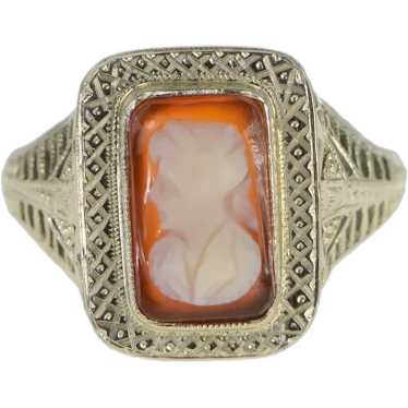 18K Art Deco Filigree Squared Agate Cameo Ring Si… - image 1