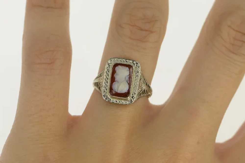 18K Art Deco Filigree Squared Agate Cameo Ring Si… - image 5