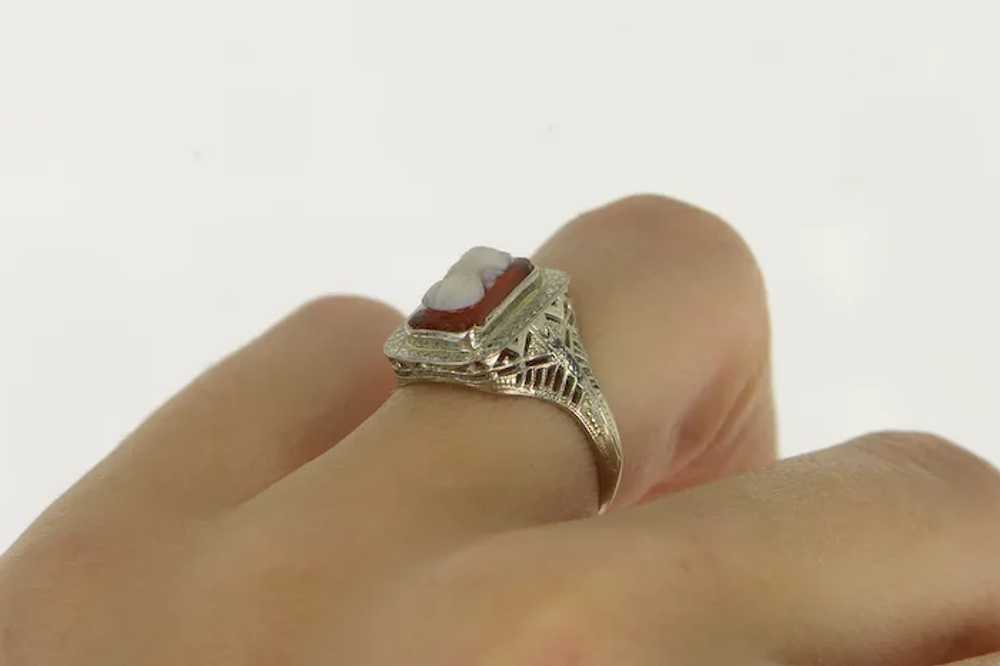 18K Art Deco Filigree Squared Agate Cameo Ring Si… - image 6