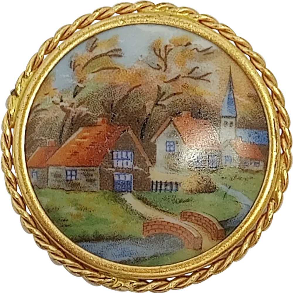 Vintage Limoges Painted Village Porcelain Brooch … - image 1